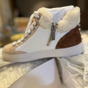 J Slides Women's White and Brown High-Top Sneakers
